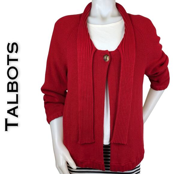 Talbots Red 100% Cotton Open Cardigan Sweater Holiday 3/4 Sleeve Size Large - Picture 1 of 9